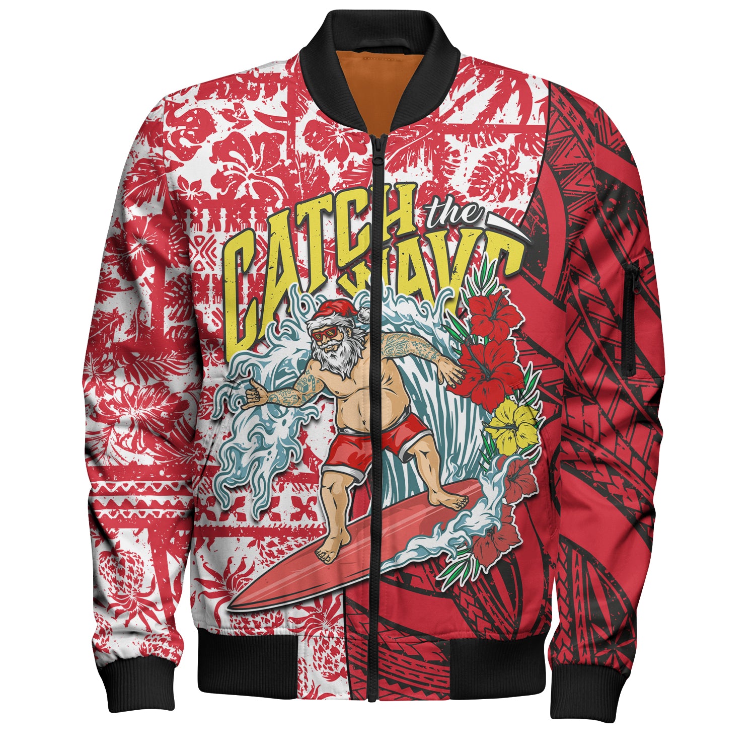 Hawaii Christmas Bomber Jacket Surfing Santa Polynesian Pattern Vintage Style