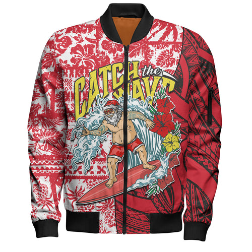 Hawaii Christmas Bomber Jacket Surfing Santa Polynesian Pattern Vintage Style