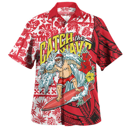 Hawaii Christmas Hawaiian Shirt Surfing Santa Polynesian Pattern Vintage Style