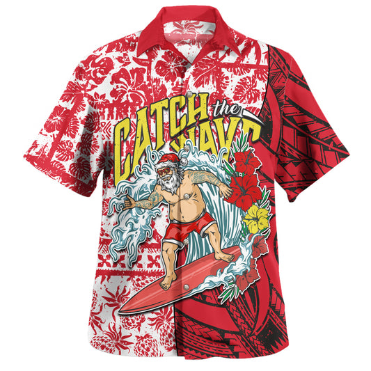 Hawaii Christmas Hawaiian Shirt Surfing Santa Polynesian Pattern Vintage Style