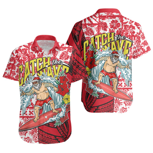 Hawaii Christmas Short Sleeve Shirt Surfing Santa Polynesian Pattern Vintage Style