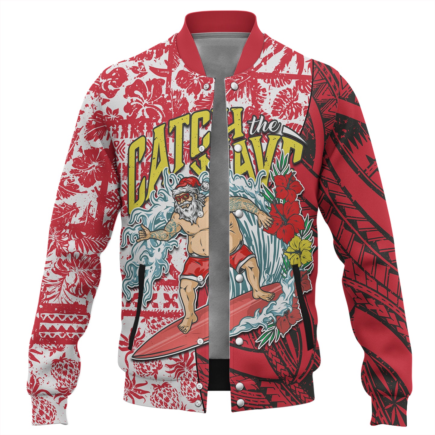 Hawaii Christmas Baseball Jacket Surfing Santa Polynesian Pattern Vintage Style