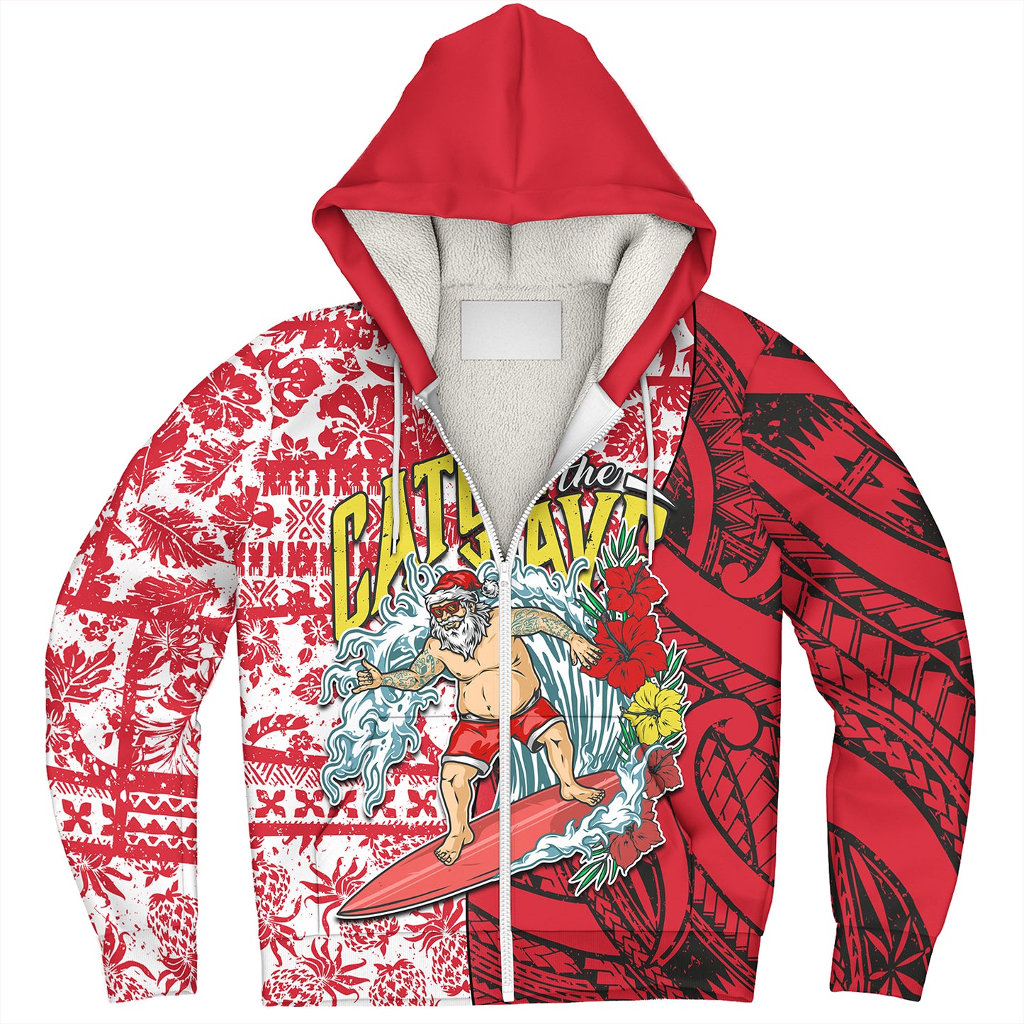 Hawaii Christmas Sherpa Hoodie Surfing Santa Polynesian Pattern Vintage Style