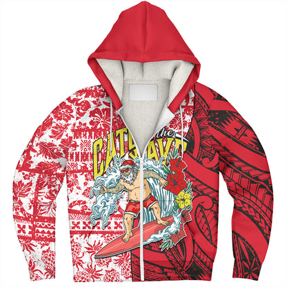 Hawaii Christmas Sherpa Hoodie Surfing Santa Polynesian Pattern Vintage Style