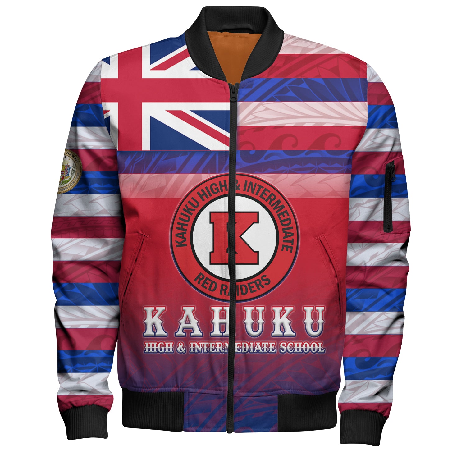 Hawaii Kahuku High & Intermediate School Bomber Jacket Flag Color With Traditional Patterns