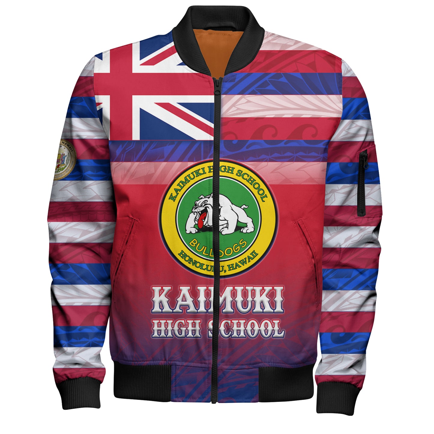 Hawaii Kaimuki High School Bomber Jacket Flag Color With Traditional Patterns