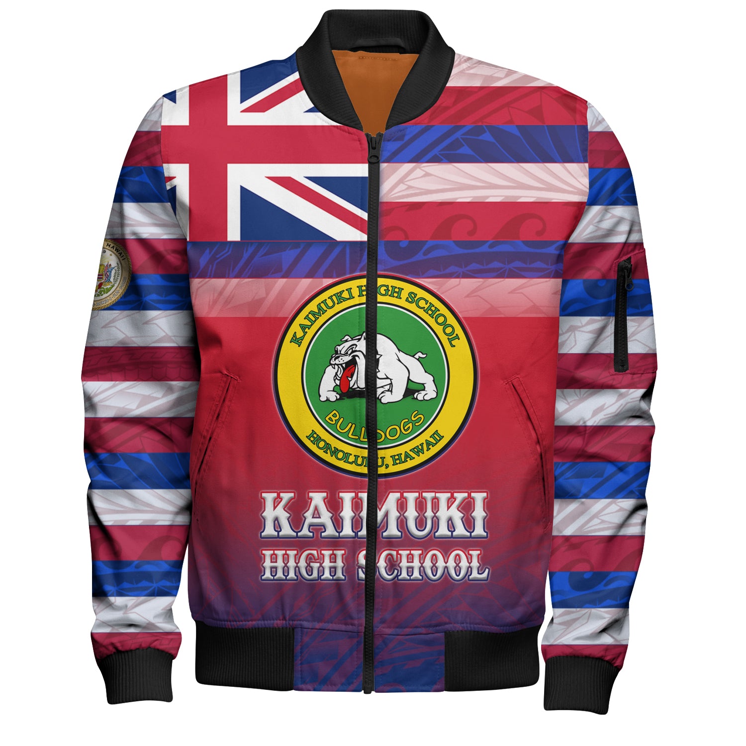 Hawaii Kaimuki High School Bomber Jacket Flag Color With Traditional Patterns