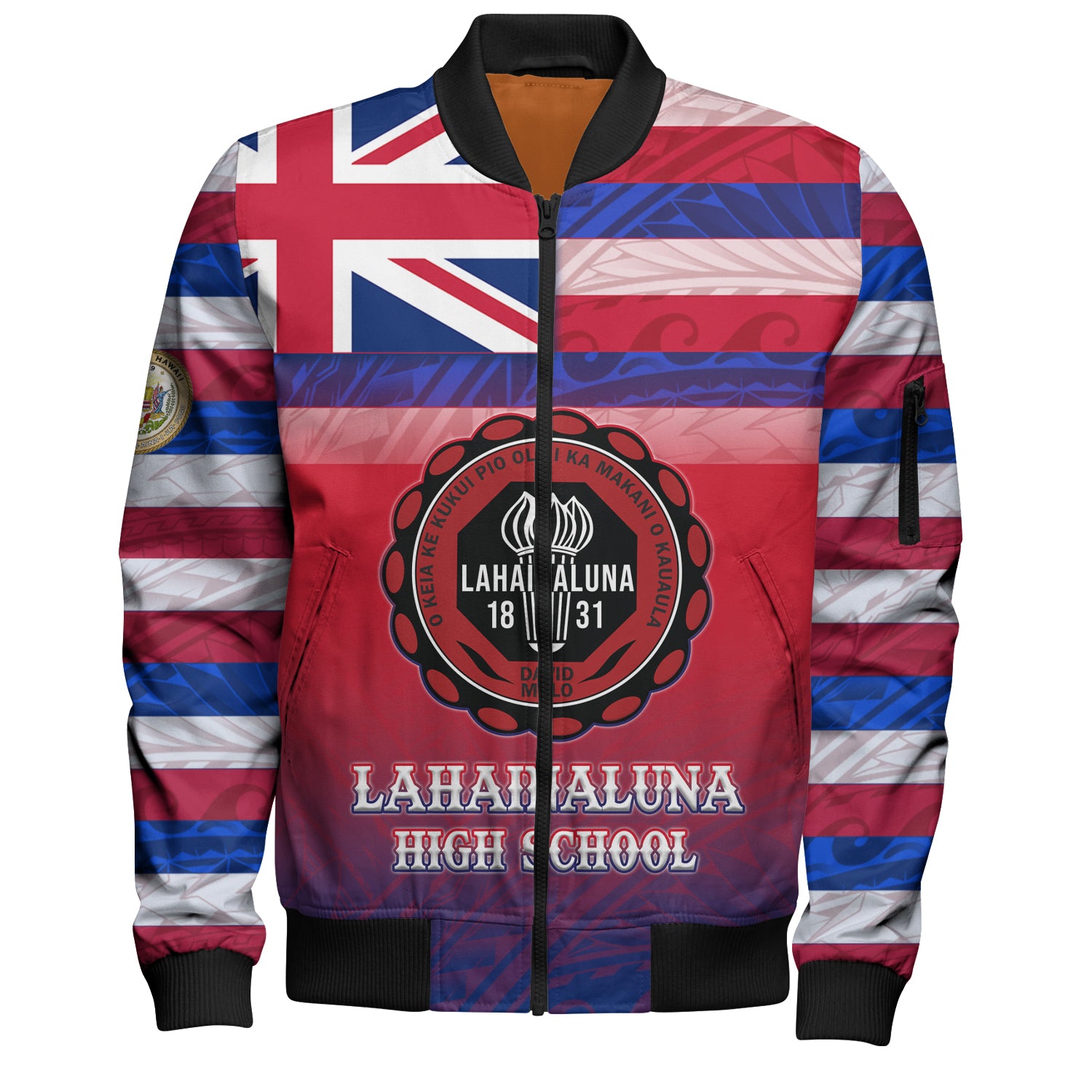 Hawaii Lahainaluna High School Bomber Jacket Flag Color With Traditional Patterns