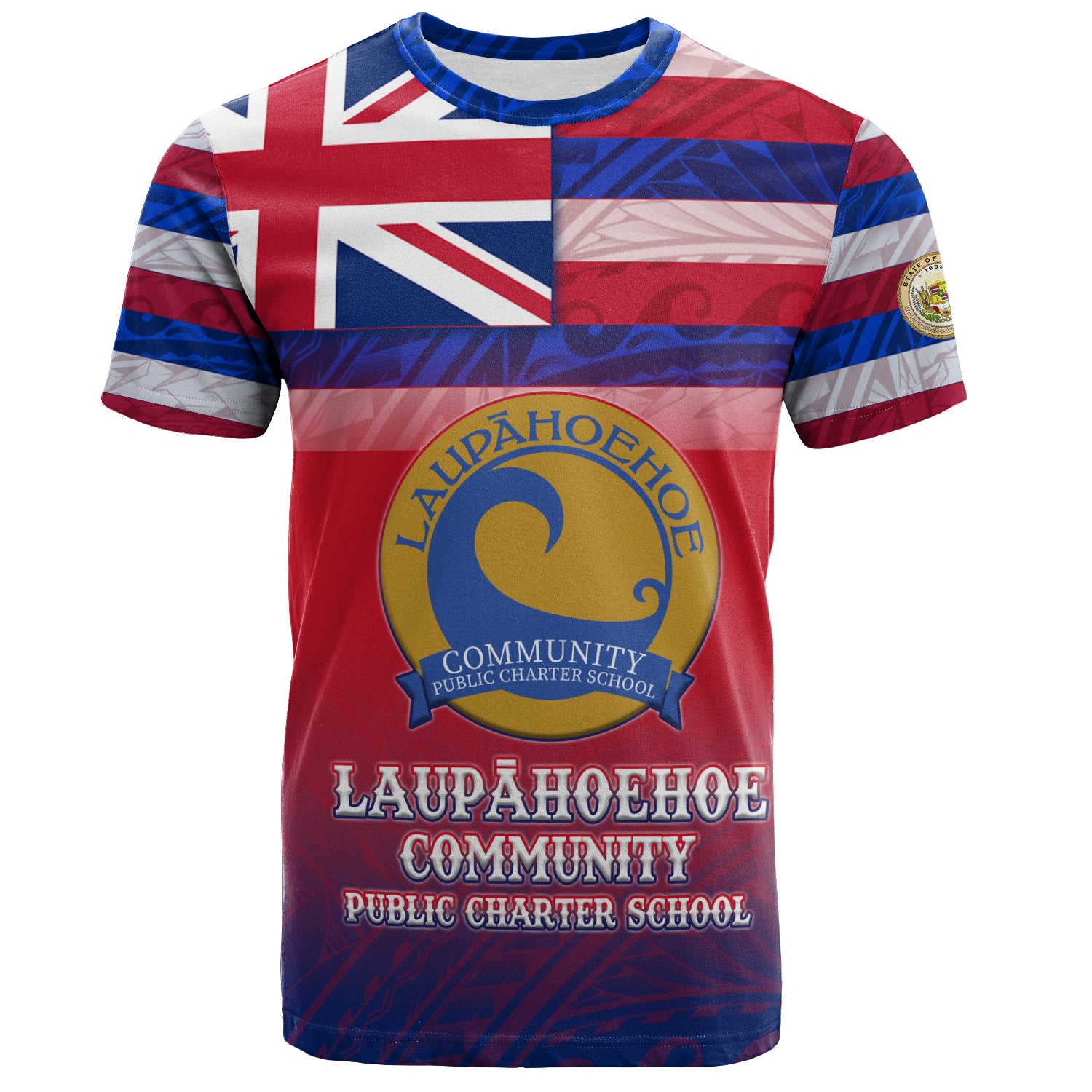 Hawaii LaupÄhoehoe Community Public Charter School T-Shirt Flag Color With Traditional Patterns