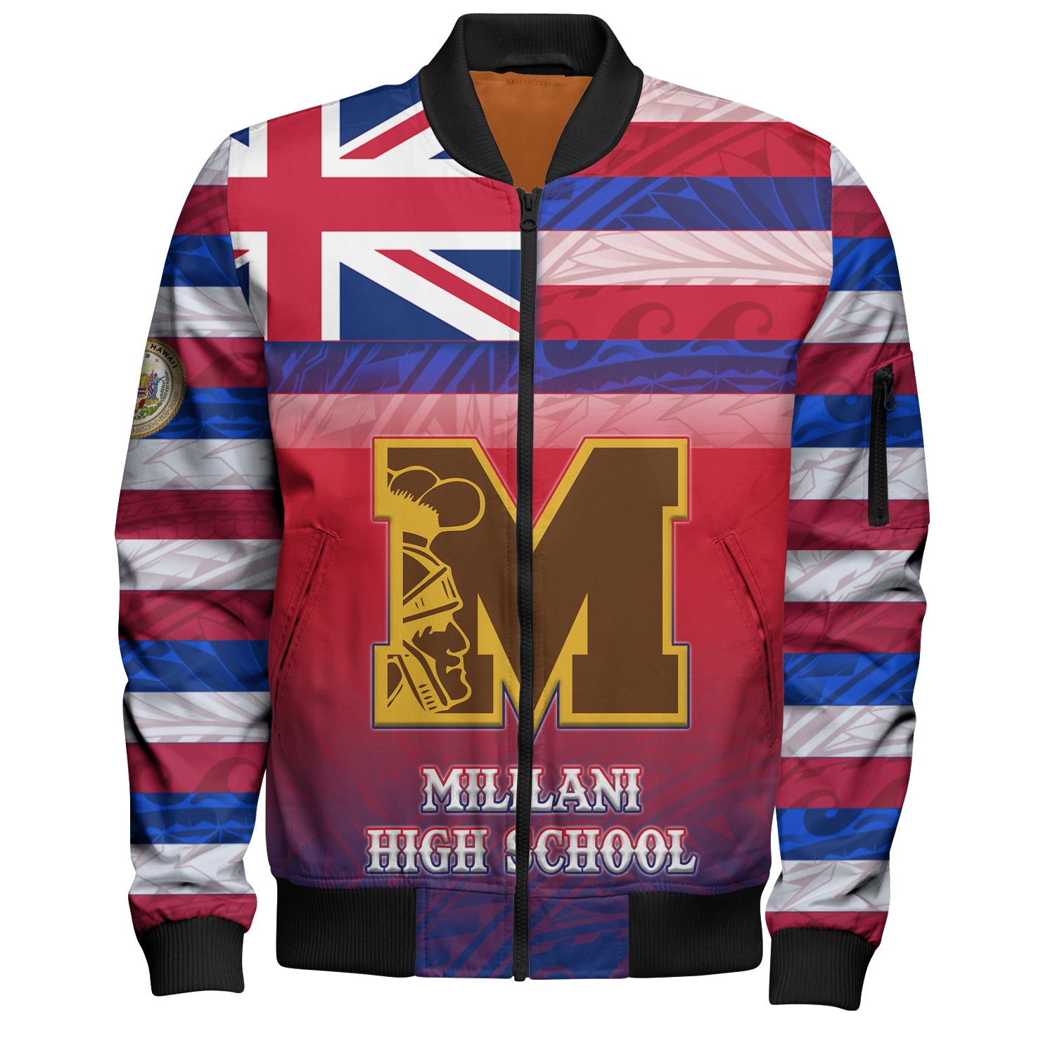 Hawaii Mililani High School Bomber Jacket Flag Color With Traditional Patterns