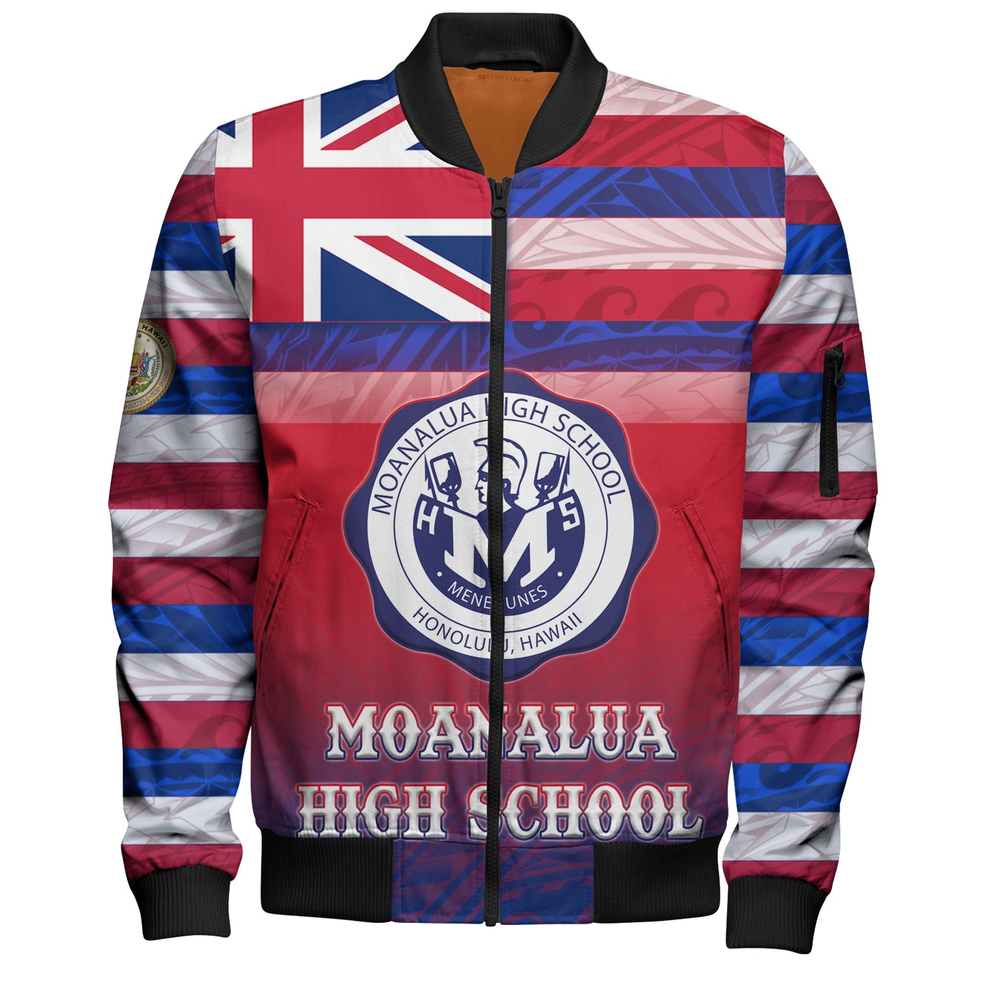 Hawaii Moanalua High School Bomber Jacket Flag Color With Traditional Patterns