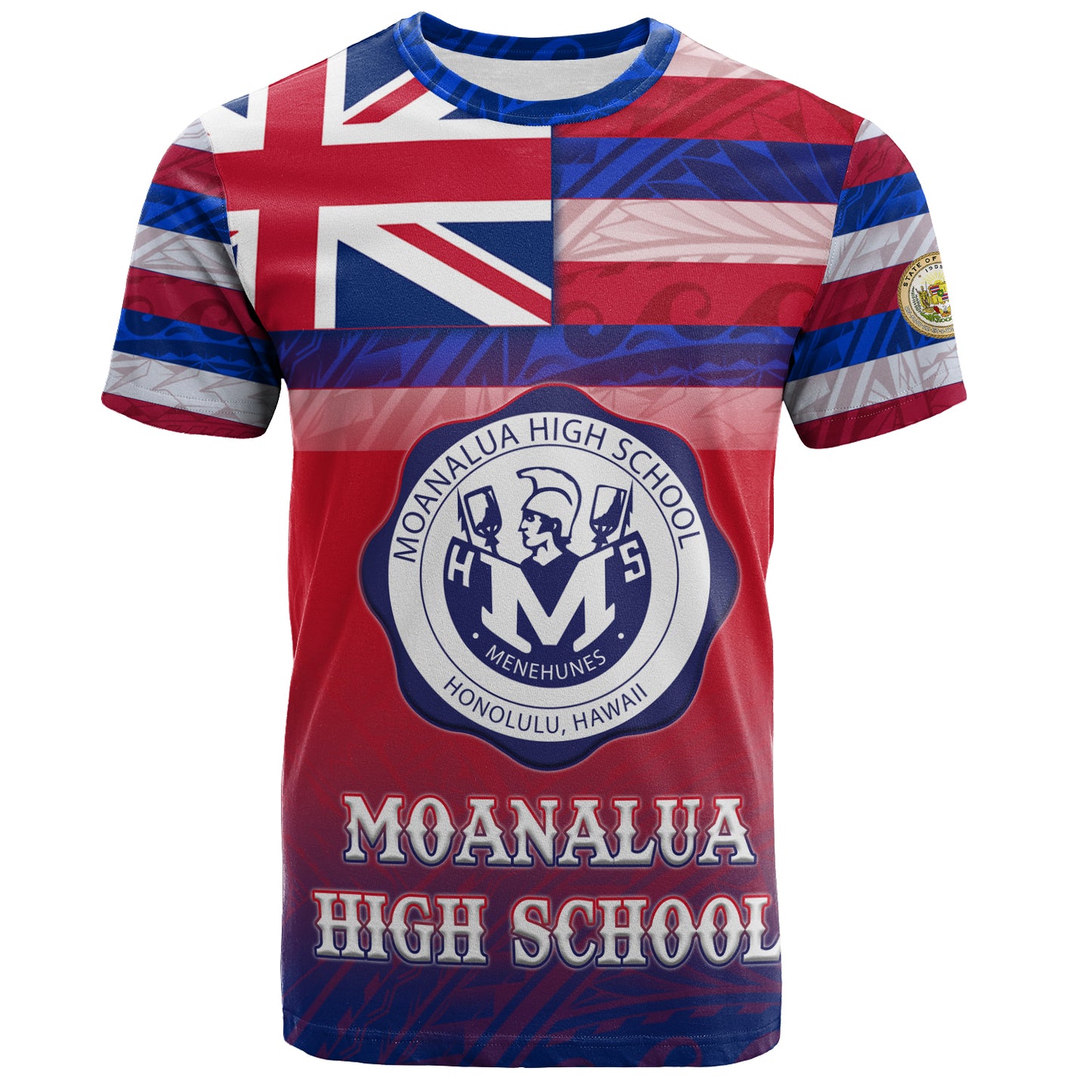 Hawaii Moanalua High School T-Shirt Flag Color With Traditional Patterns