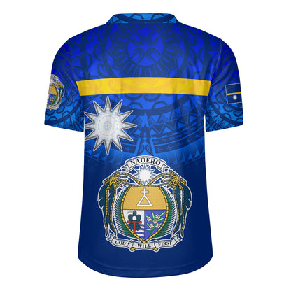 Nauru Flag Color With Traditional Patterns Men's All Over Printing Rugby Jersey