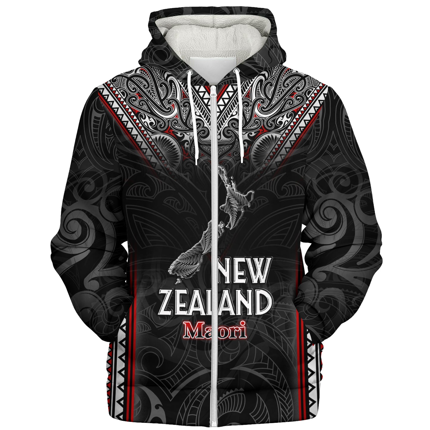 New Zealand Sherpa Hoodie Maori Patterns With Map Silver Fern
