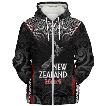 New Zealand Sherpa Hoodie Maori Patterns With Map Silver Fern