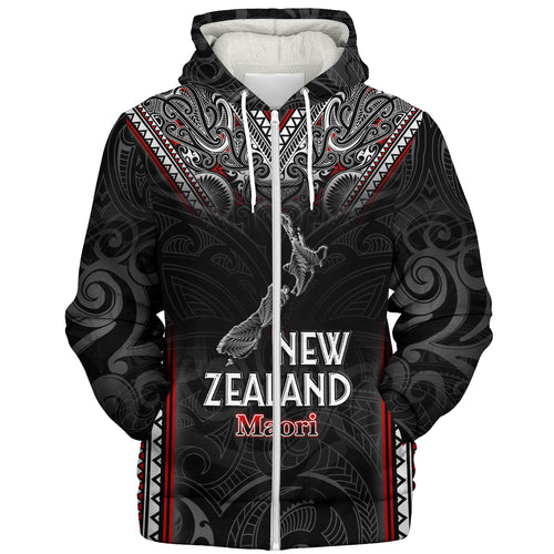 New Zealand Sherpa Hoodie Maori Patterns With Map Silver Fern