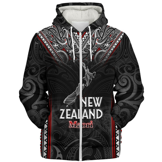 New Zealand Sherpa Hoodie Maori Patterns With Map Silver Fern