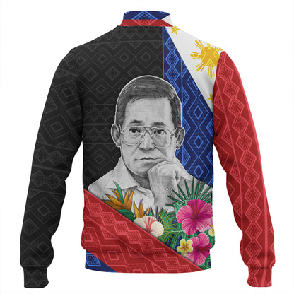 Philippines Filipinos Baseball Jacket Ninoy Aquino With Tropical Flowers
