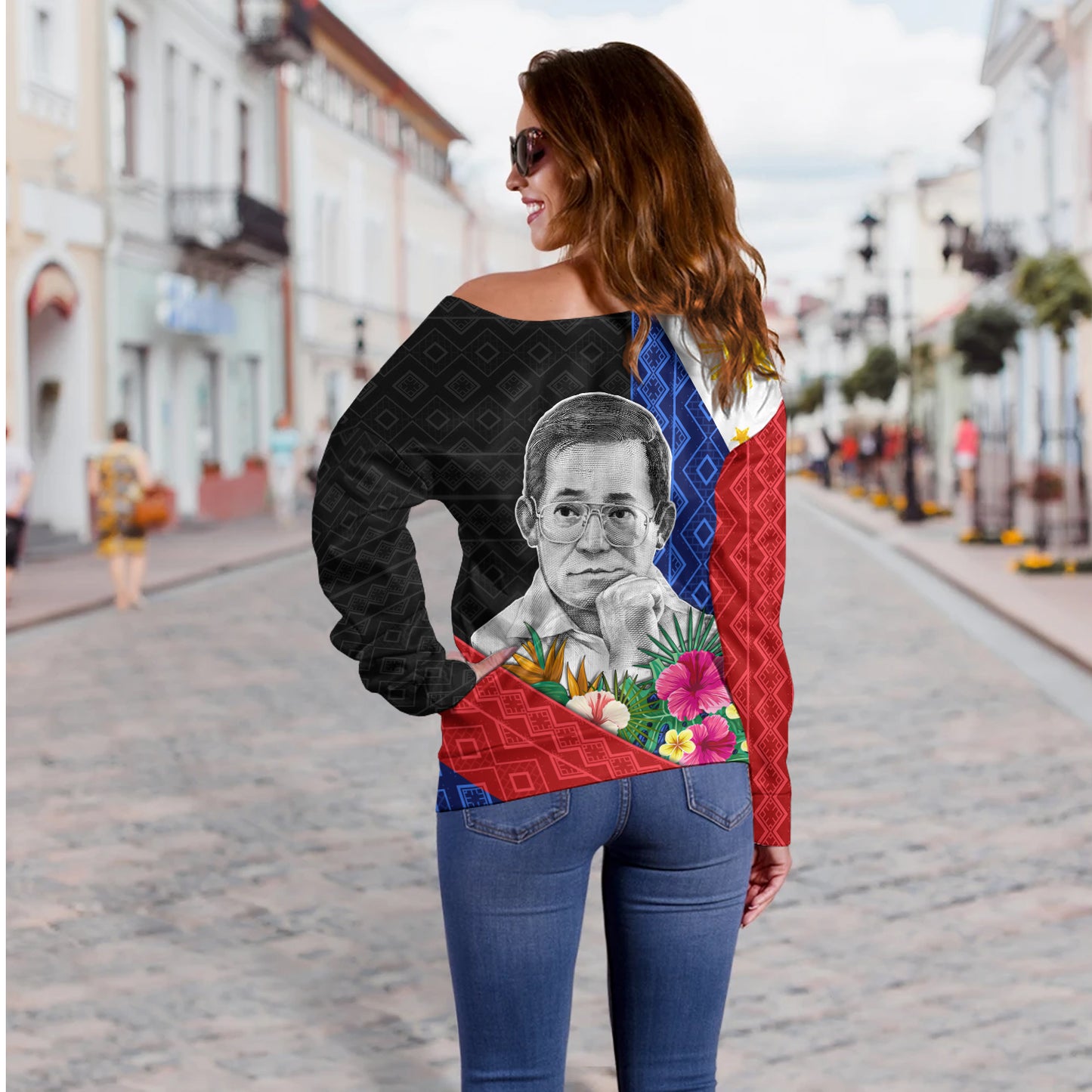 Philippines Filipinos Off Shoulder Sweatshirt Ninoy Aquino With Tropical Flowers