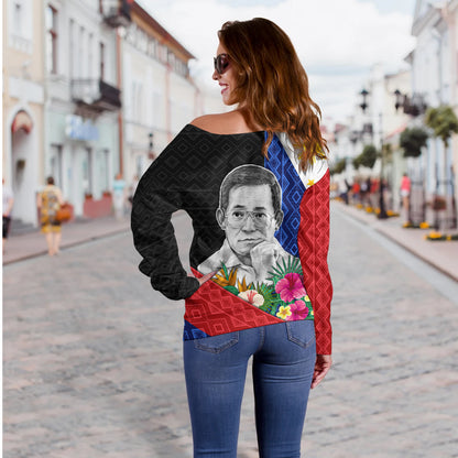 Philippines Filipinos Off Shoulder Sweatshirt Ninoy Aquino With Tropical Flowers