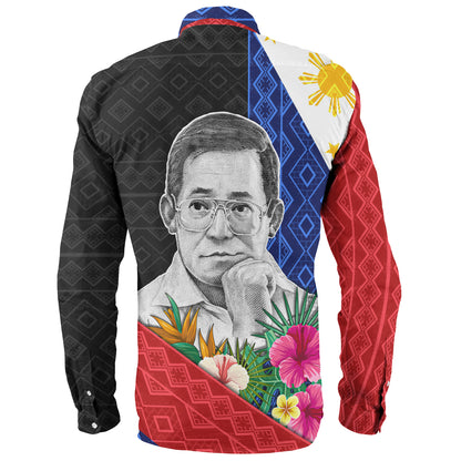 Philippines Filipinos Long Sleeve Shirt Ninoy Aquino With Tropical Flowers