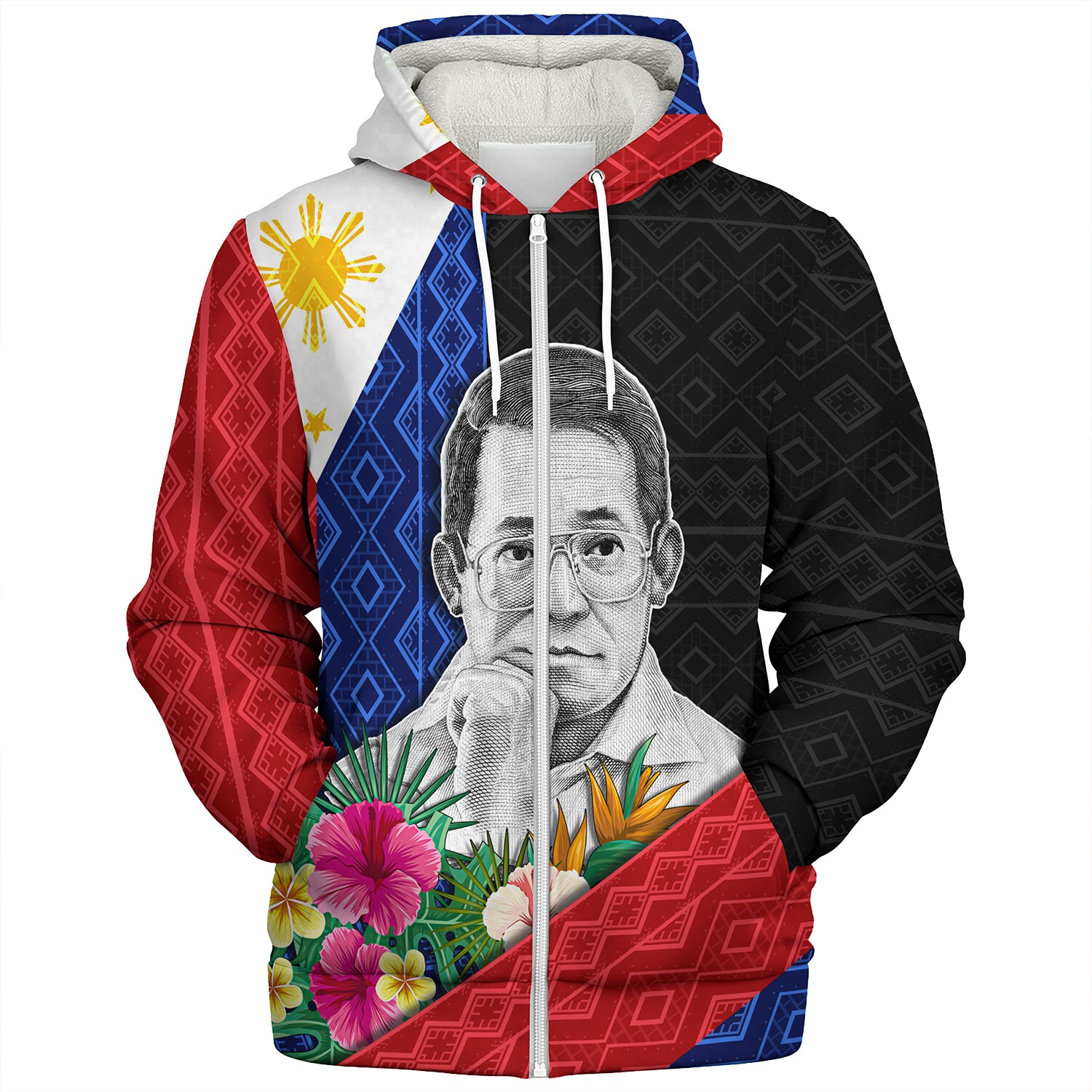 Philippines Filipinos Sherpa Hoodie Ninoy Aquino With Tropical Flowers
