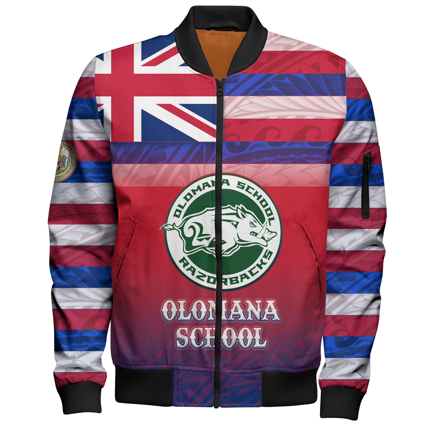 Hawaii Olomana High School Bomber Jacket Flag Color With Traditional Patterns