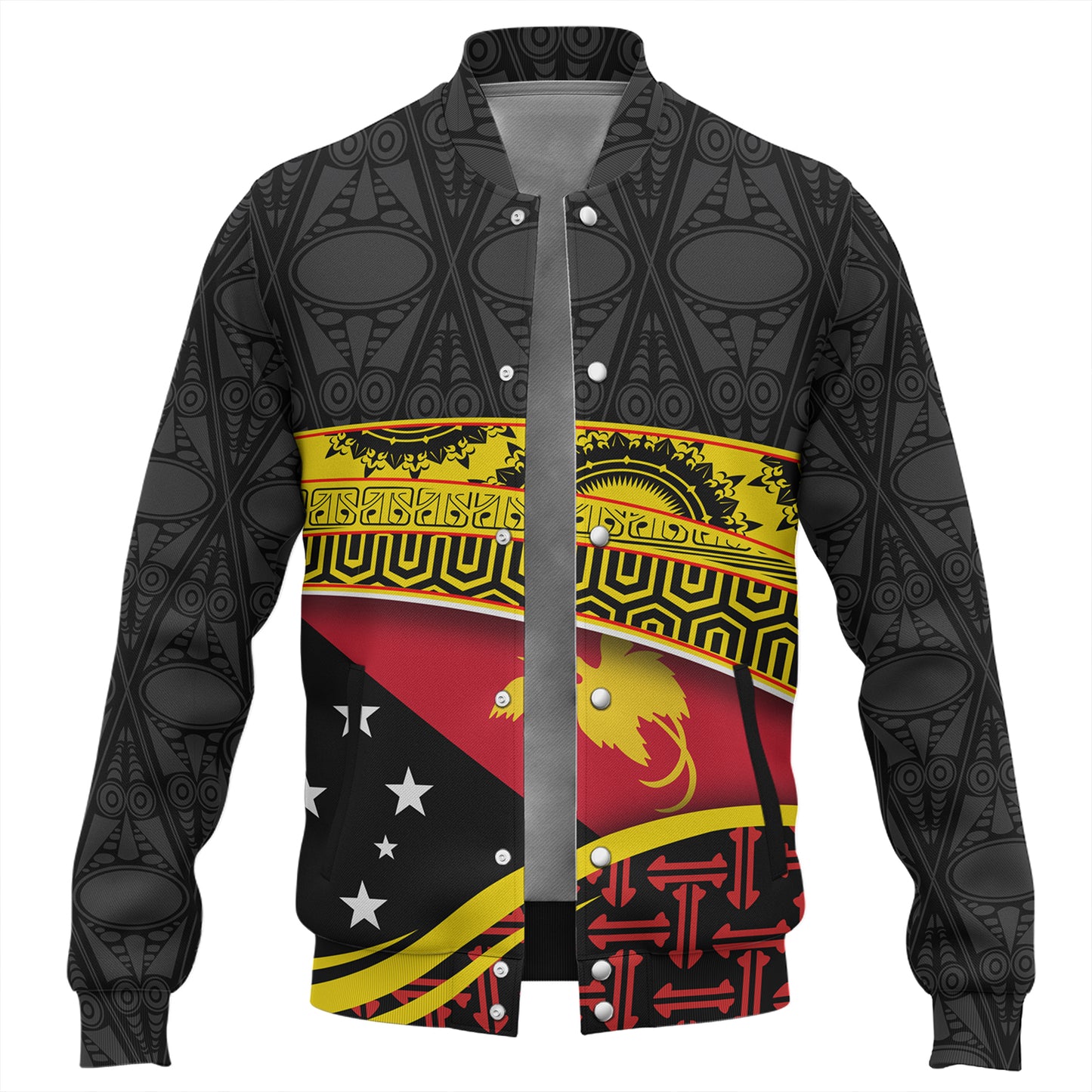 Papua New Guinea Custom Personalized Baseball Jacket With Tribal Motif Independence Day 2023