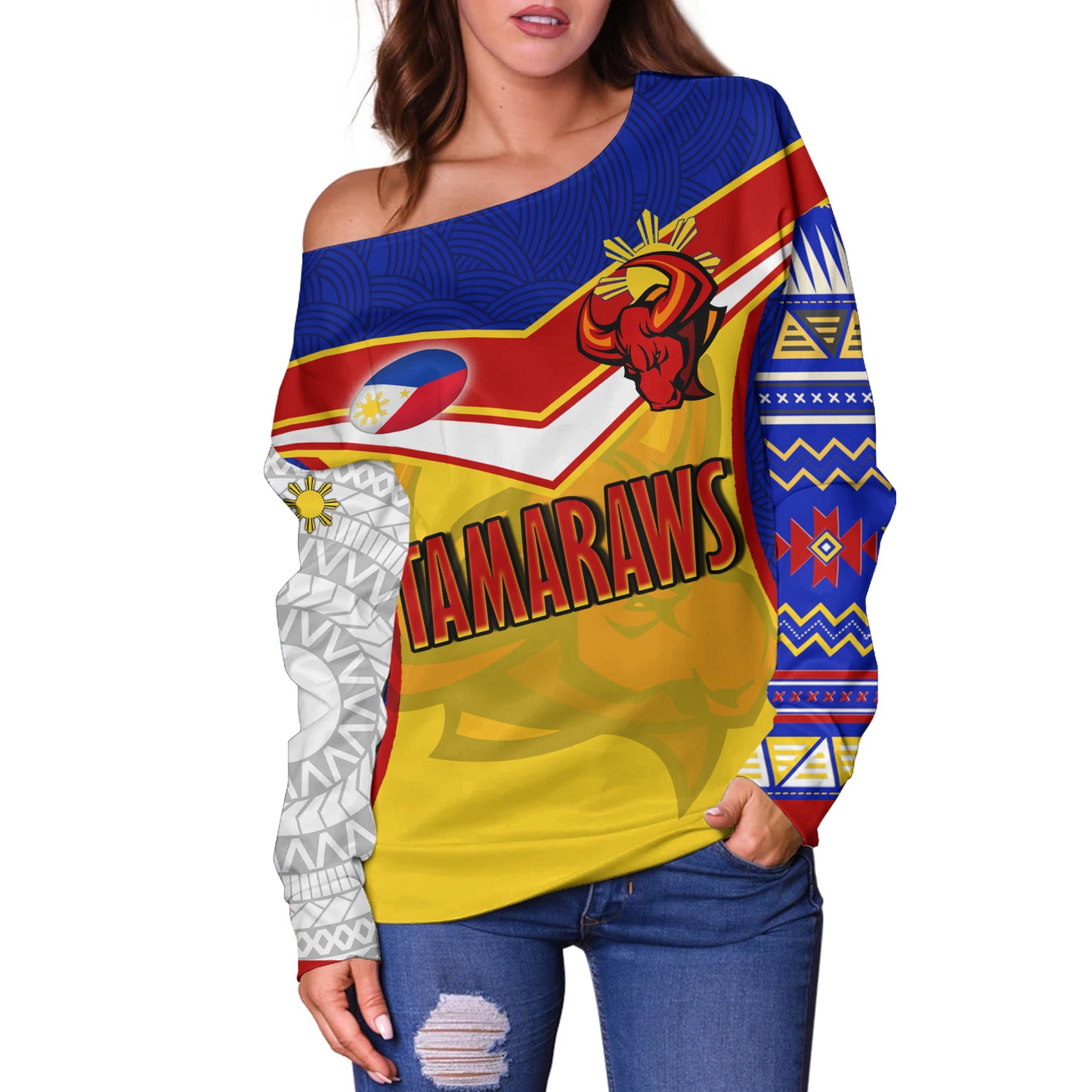 Philippines Filipinos Off Shoulder Sweatshirt Tamaraws Mascot With Flag