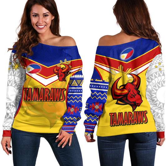 Philippines Filipinos Off Shoulder Sweatshirt Tamaraws Mascot With Flag