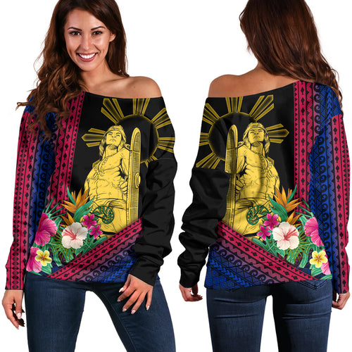 Philippines Filipinos Off Shoulder Sweatshirt Lapu Lapu Polynesia Pattern With Tropical Flower