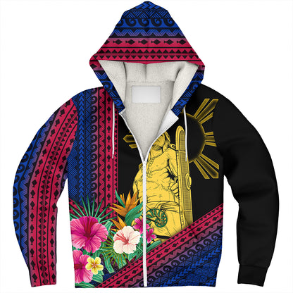 Philippines Filipinos Sherpa Hoodie Lapu Lapu Polynesia Pattern With Tropical Flower
