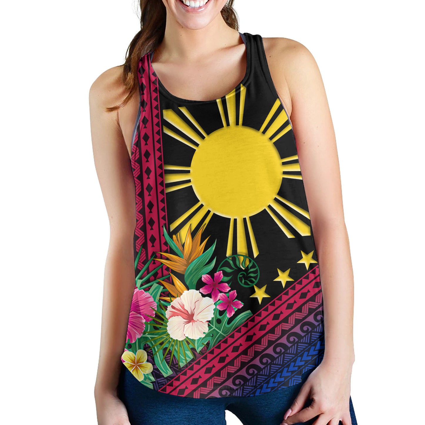 Philippines Filipinos Women Tank Polynesia Pattern With Tropical Flower