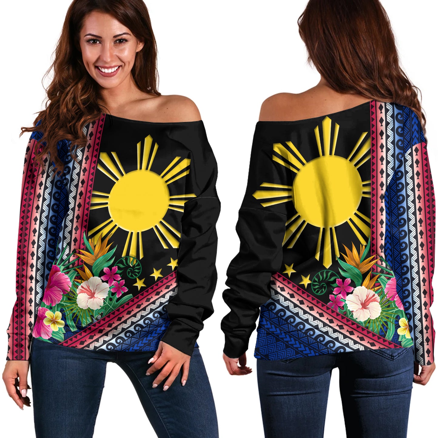 Philippines Filipinos Off Shoulder Sweatshirt Polynesia Pattern With Tropical Flower