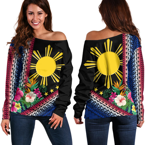 Philippines Filipinos Off Shoulder Sweatshirt Polynesia Pattern With Tropical Flower