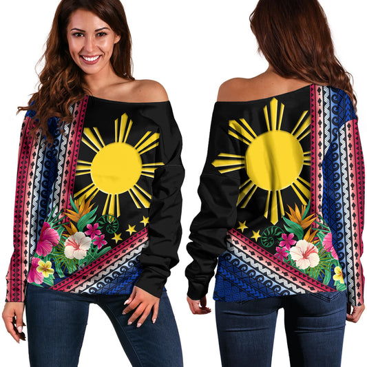 Philippines Filipinos Off Shoulder Sweatshirt Polynesia Pattern With Tropical Flower