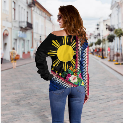 Philippines Filipinos Off Shoulder Sweatshirt Polynesia Pattern With Tropical Flower