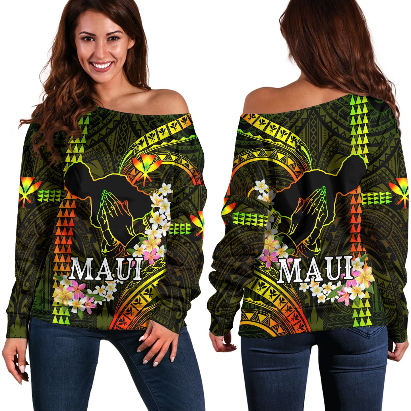 Hawaii Off Shoulder Sweatshirt Pray For Maui Polynesian Pattern