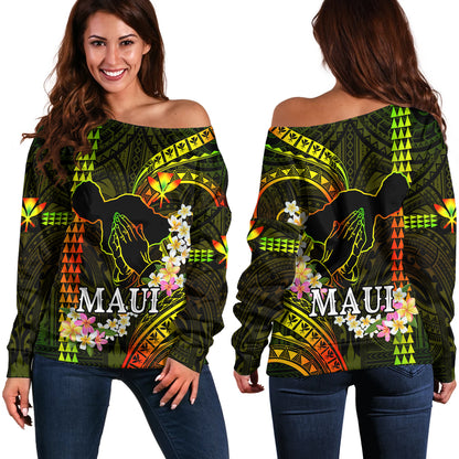 Hawaii Off Shoulder Sweatshirt Pray For Maui Polynesian Pattern