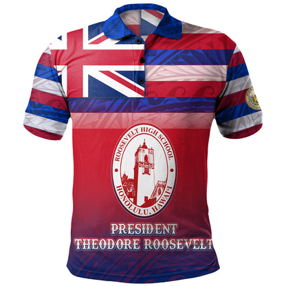 Hawaii President Theodore Roosevelt High School Polo Shirt Flag Color With Traditional Patterns