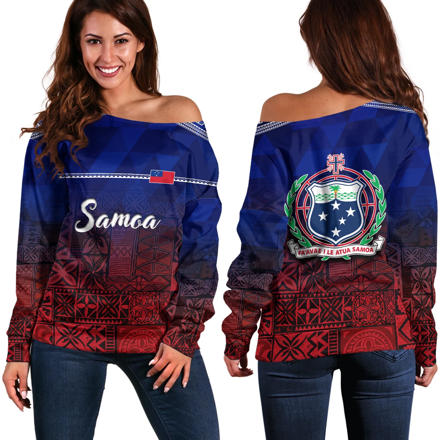 Samoa Off Shoulder Sweatshirt Lowpolly Pattern with Polynesian Motif