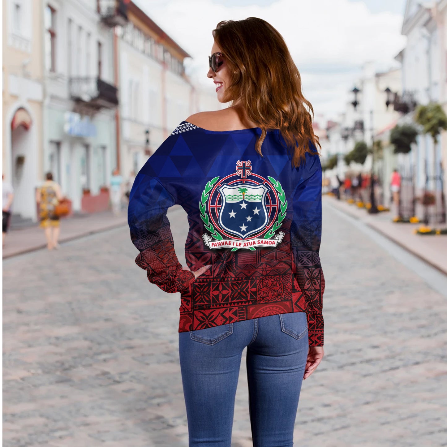 Samoa Off Shoulder Sweatshirt Lowpolly Pattern with Polynesian Motif