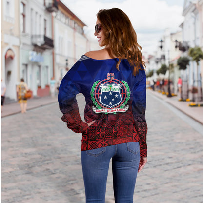 Samoa Off Shoulder Sweatshirt Lowpolly Pattern with Polynesian Motif