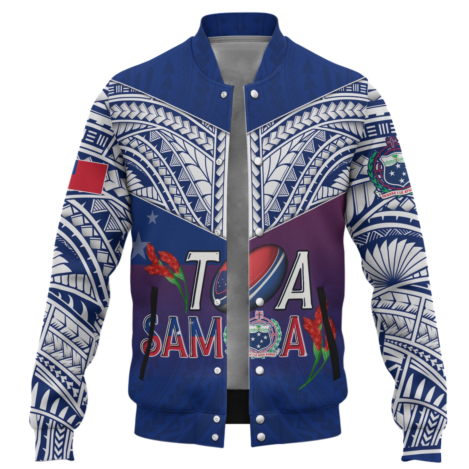 Samoa Custom Personalised Baseball Jacket Toa Samoa Teuilia Flowers Style