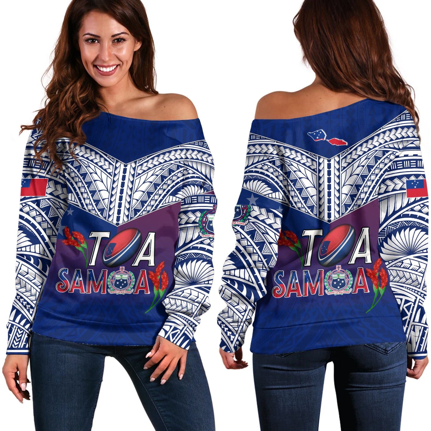 Samoa Custom Personalised Off Shoulder Sweatshirt Toa Samoa Teuilia Flowers Style