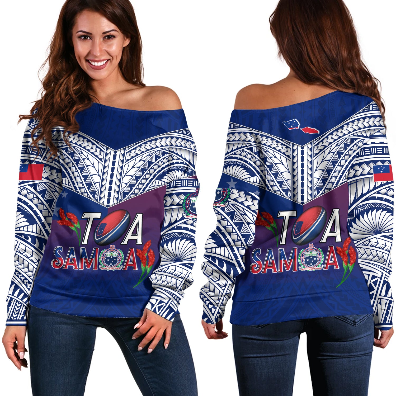 Samoa Custom Personalised Off Shoulder Sweatshirt Toa Samoa Teuilia Flowers Style