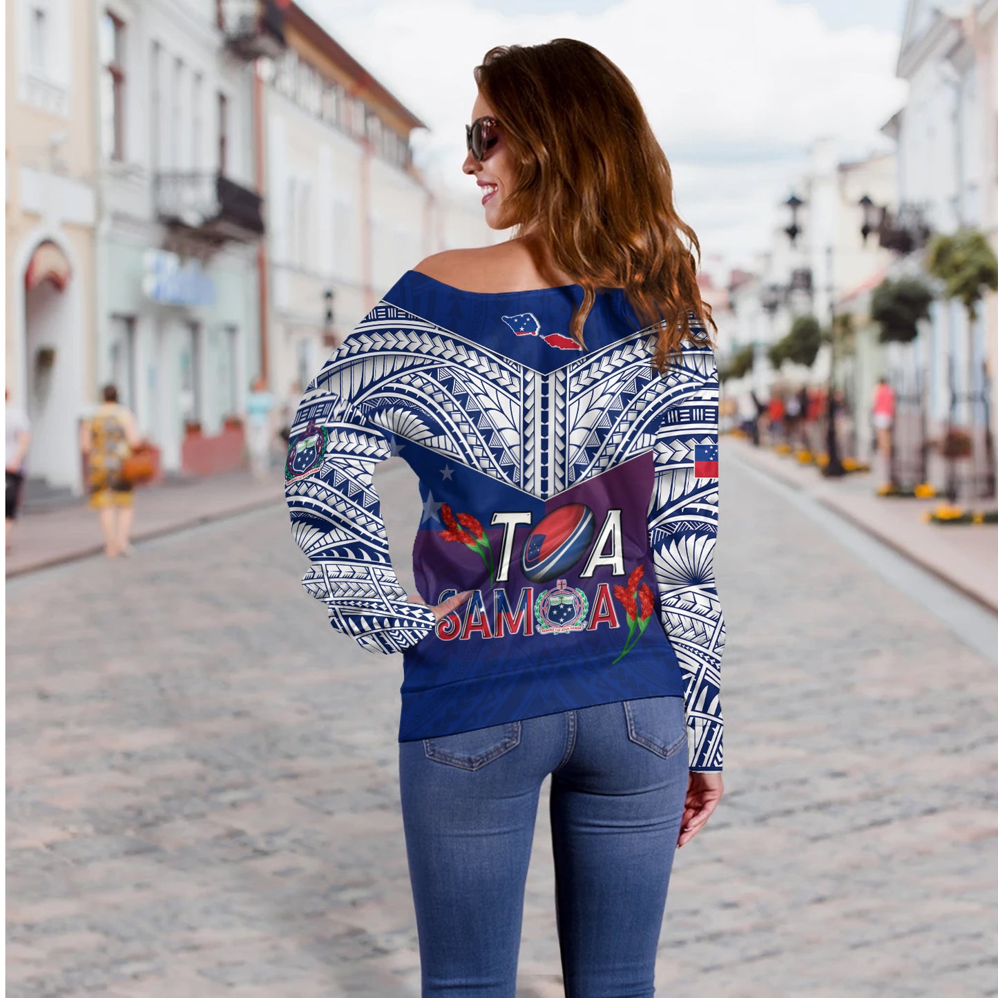 Samoa Custom Personalised Off Shoulder Sweatshirt Toa Samoa Teuilia Flowers Style