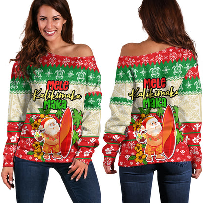 Hawaii Off Shoulder Sweatshirt Christmas Santa Claus Surfing Kanaka Maoli Pattern