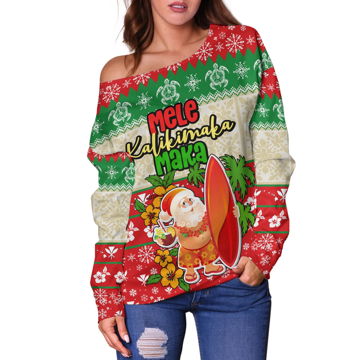 Hawaii Off Shoulder Sweatshirt Christmas Santa Claus Surfing Kanaka Maoli Pattern