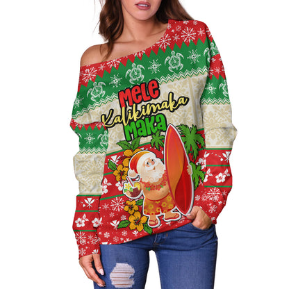 Hawaii Off Shoulder Sweatshirt Christmas Santa Claus Surfing Kanaka Maoli Pattern
